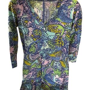 Lilly Pulitzer Christie Dress Cattitude Print V Neck 3/4 Sleeve Tunic Medium m